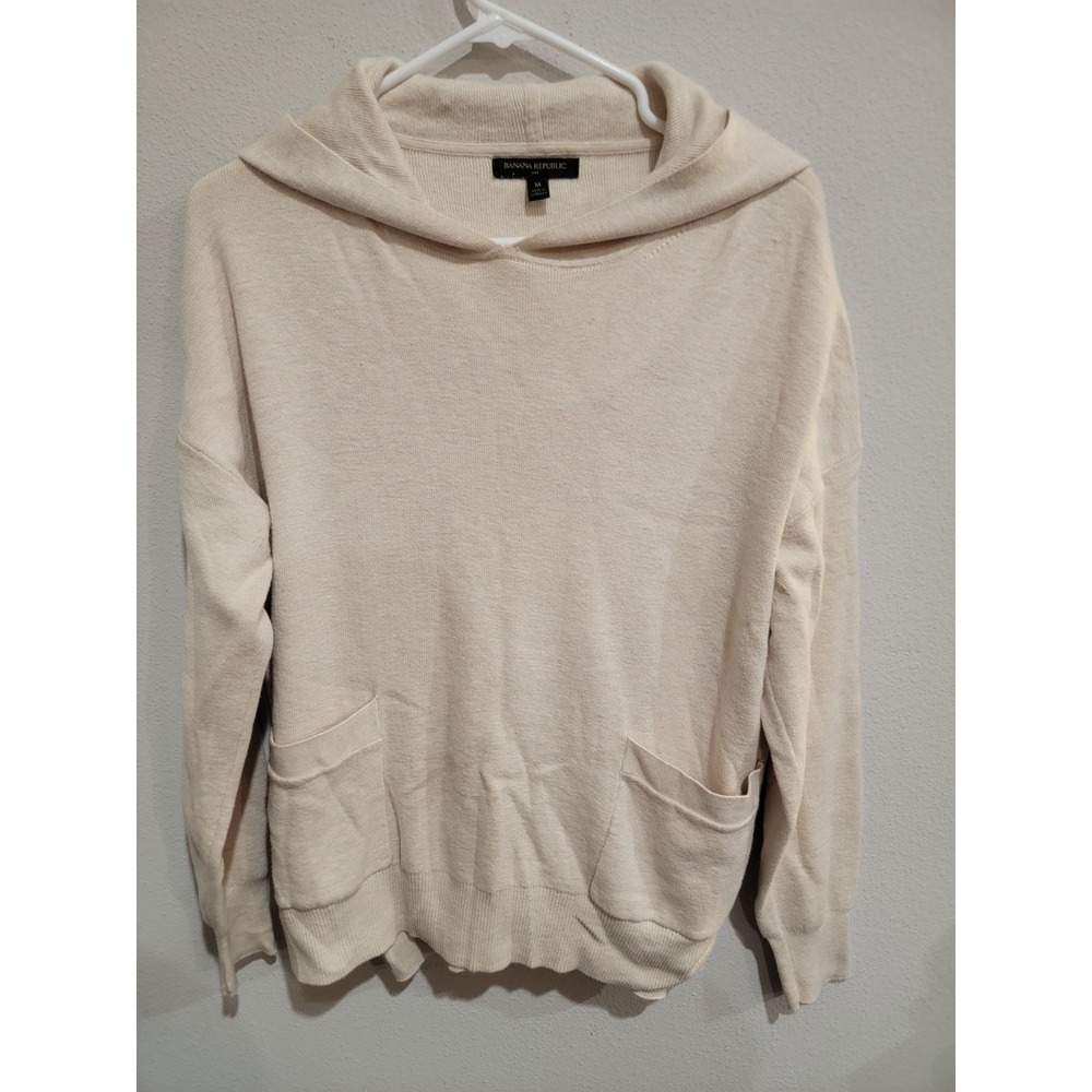 Banana Republic Womens Medium Cream Hooded Knit‎ Pullover Sweater Pockets
